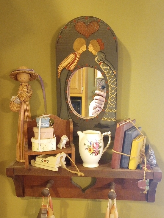 Other - Hand-Painted Folk Art Wall Mirror Shelf — Olive Green & Mustard Accents